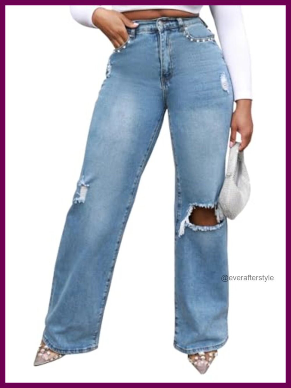 High Waisted Wide Leg Baggy Stretch Jeans with Diamond Embellished Pockets